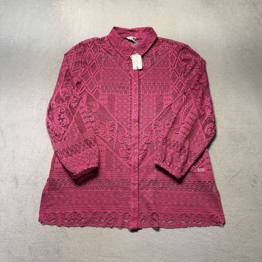 Cato Women’s L Button Front Blouse Boysenberry Pink Sheer Lace Long Sleeve NWT